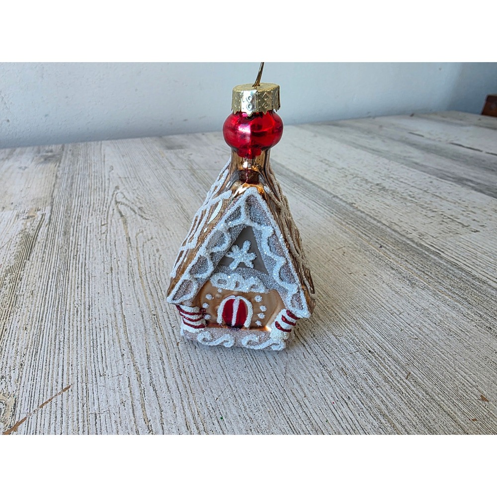 Vintage glass gingerbread cottage House glass ornament a white‎ Xmas tree
